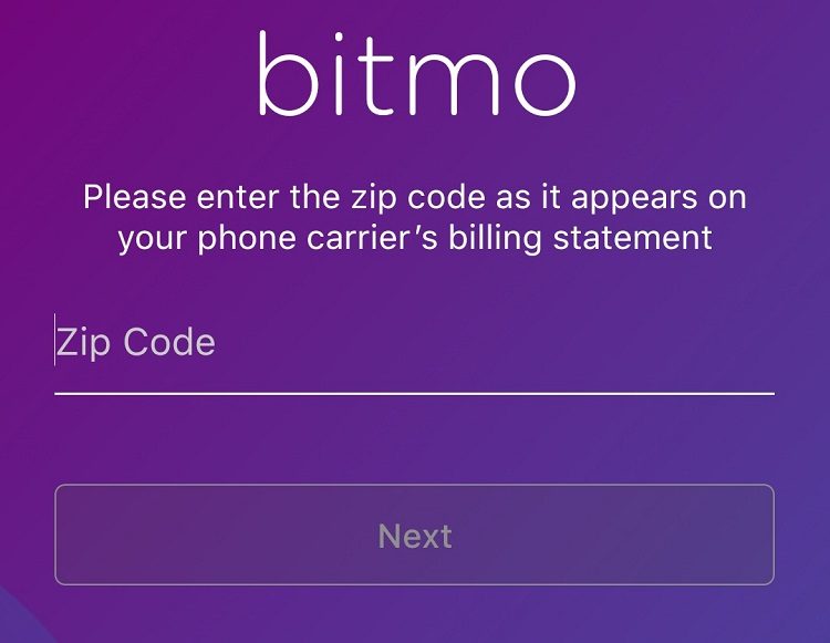 Bitmo phone billing zip code