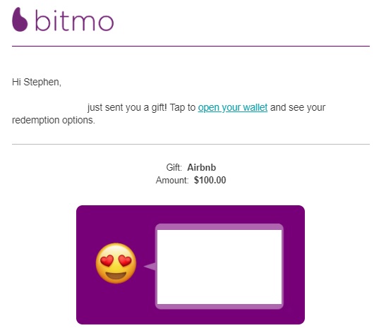 Bitmo received gift card email