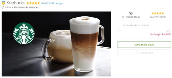 Example of discounted gift cards on Groupon