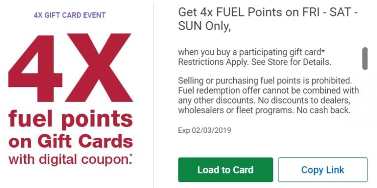 Kroger Third Party Gift Cards 4x Fuel Points Feb 1-3 2019
