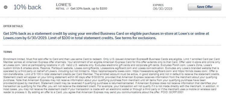 Lowe's Amex Offer 10% Back $100