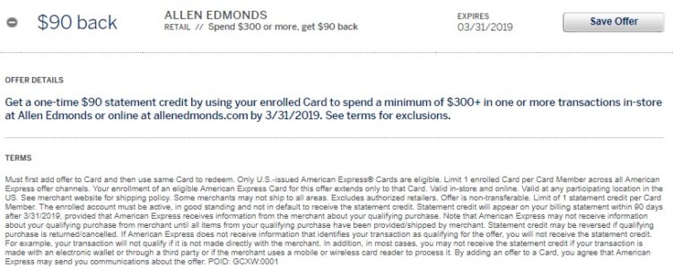Allen Edmonds Amex Offer Spend $300 Get $90 Back