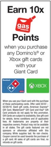 Giant 10x Gas Rewards Points Domino's Xbox gift cards