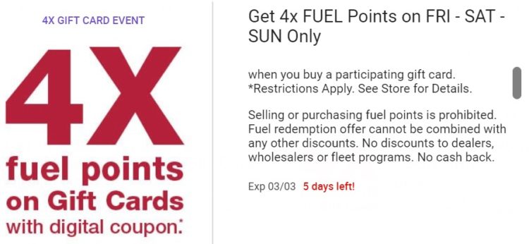 Kroger 4x Fuel Points Third Party Gift Cards 03.01.19-03.03.19