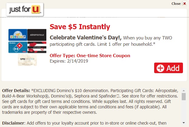 Safeway Albertson's $5 Off Select Gift Cards