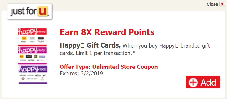 Safeway Albertsons 8x Reward Points Happy Gift Cards