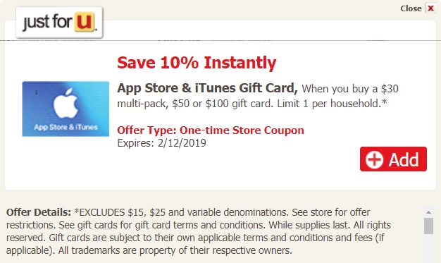 Safeway Albertson's iTunes 10% Off