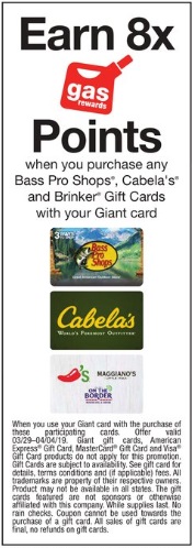 Giant 8x Gas Rewards Points On Cabela's Bass Pro Shops Brinker gift cards