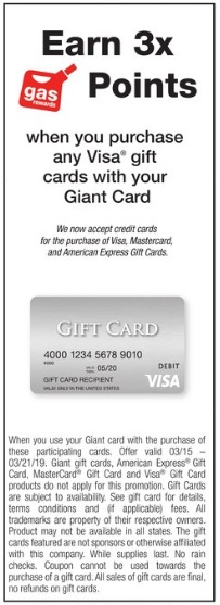 Giant Food 3x Gas Rewards Points Visa Gift Cards