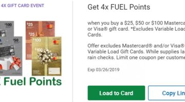 Kroger 4x fuel points on Visa gift cards & MAstercard gift cards 3.13.19-3.26.19