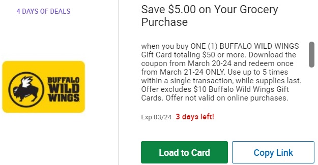 Kroger $5 Off $50 Buffalo Wild Wings Gift Cards