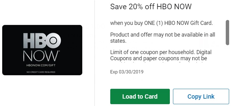 Kroger HBO NOW Gift Card 20% Off