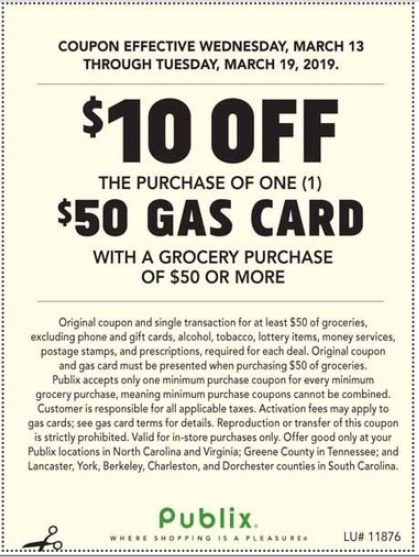 Publix $10 Off $50 Gas Card 03.13.19