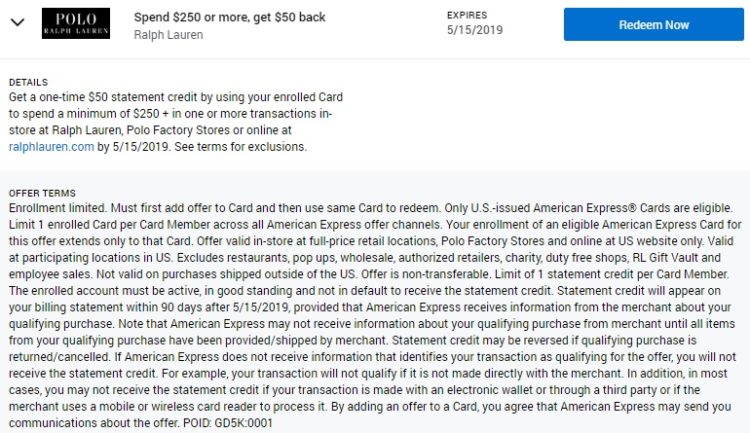 Ralph Lauren Amex Offer Spend $250 Get $50 Back