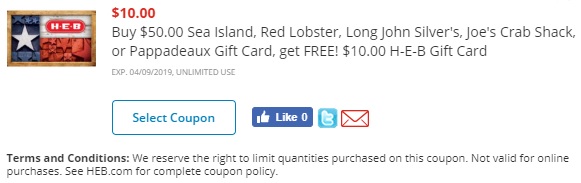 Expired H E B Buy 50 Select Gift Cards Get 10 H E B Gift Card Free Red Lobster Sea Island Long John Silver S Joe S Crab Shack Or Pappadeaux Gc Galore
