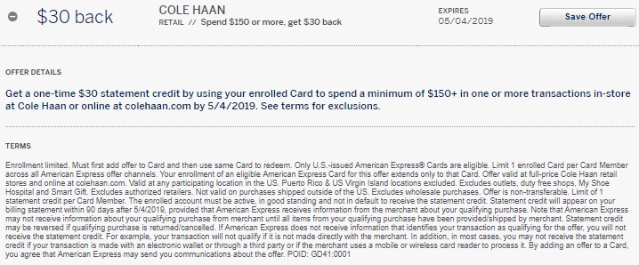 Cole Haan Amex Offer $30 Back