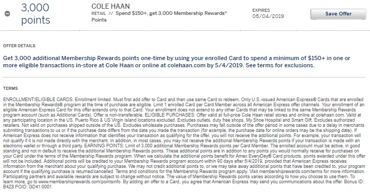 Cole Haan Amex Offer 3,000 Membership Rewards