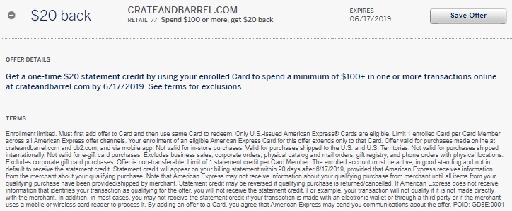 Crate & Barrel Amex Offer $20 Back On $100