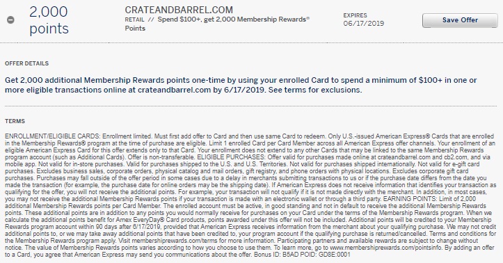 Crate & Barrel Amex Offer 2,000 Membership Rewards Back On $100