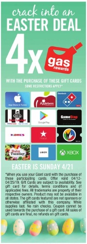 Giant 4x Gas Rewards Points Select Gift Cards