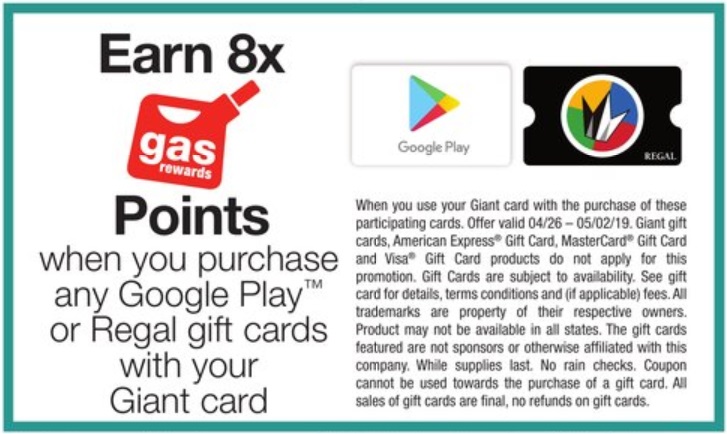 Giant 8x Gas Rewards Points Google Play Regal Cinemas