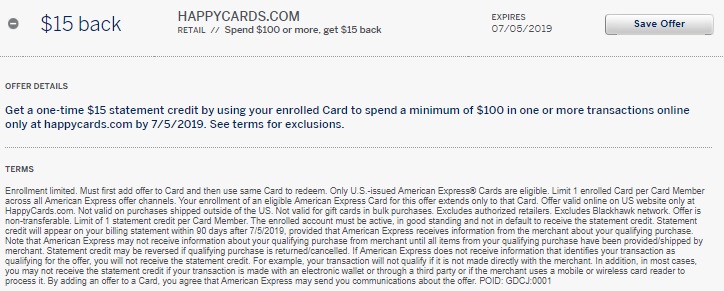 Happy Cards Amex Offer $15 Statement Credit