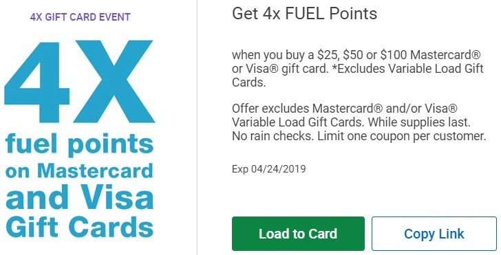 Kroger 4x Fuel Points Visa Mastercard Gift Cards 04.24.19
