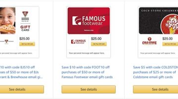 Amazon BJ's Restaurant, Famous Footwear & Cold Stone Creamery Gift Cards 20% Off