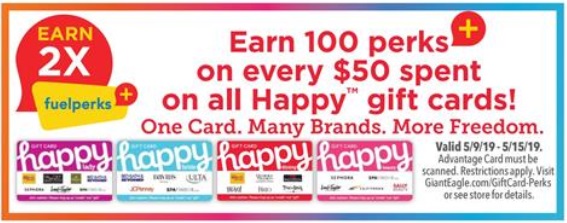 Giant Eagle Earn 2x Fuelperks+ On Happy Gift Cards