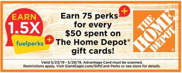 Giant Eagle Home Depot Gift Cards 1.5x Fuelperks+