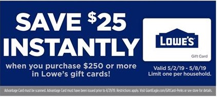 Giant Eagle Lowe's Gift Cards $250 $25 Off