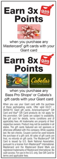 Giant Martin's Stop & Shop 3x Gas Rewards Points Mastercard Gift Cards 8x Cabela's Bass Pro Shops