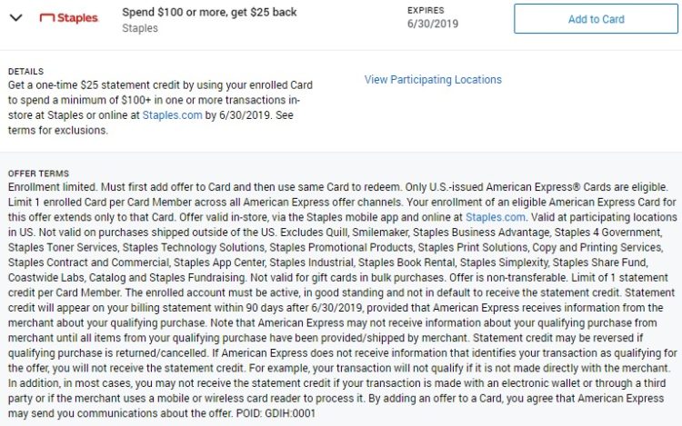 Staples Amex Offer Spend $100 Get $25 Back