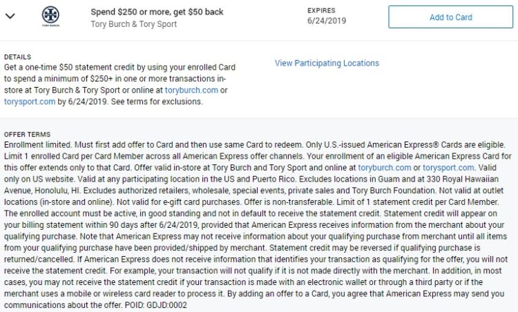 Tory Burch Amex Offer Spend $250 Get $50 Back