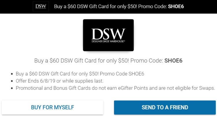Expired Egifter Buy 60 Dsw Gift Card For 50 With Promo Code