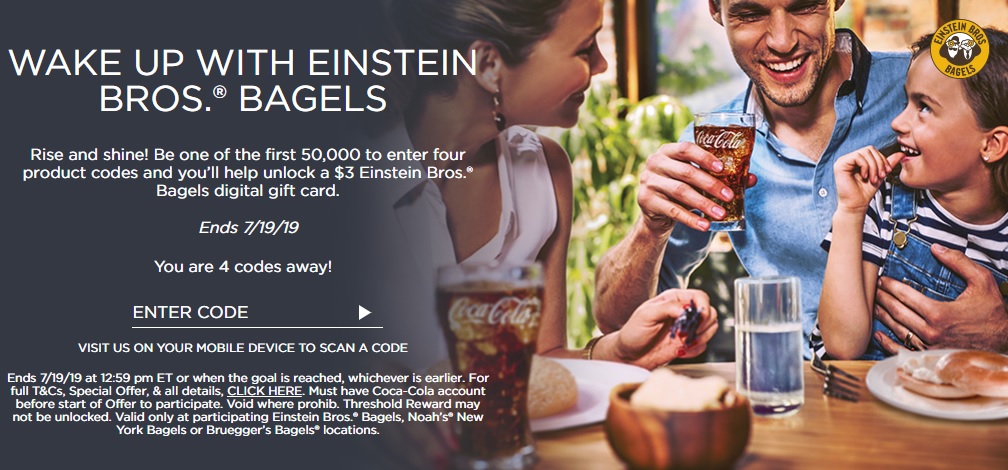 Expired Coke Rewards Get 3 Einstein Bros Bagels Gift Card With 4 Product Codes Gc Galore