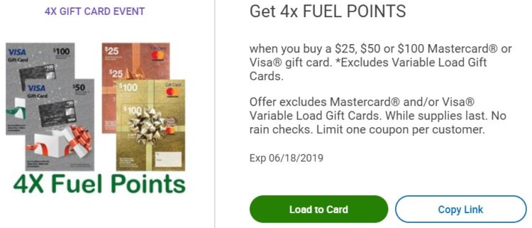 Kroger 4x fuel points Visa & Mastercard gift cards 06.18.19