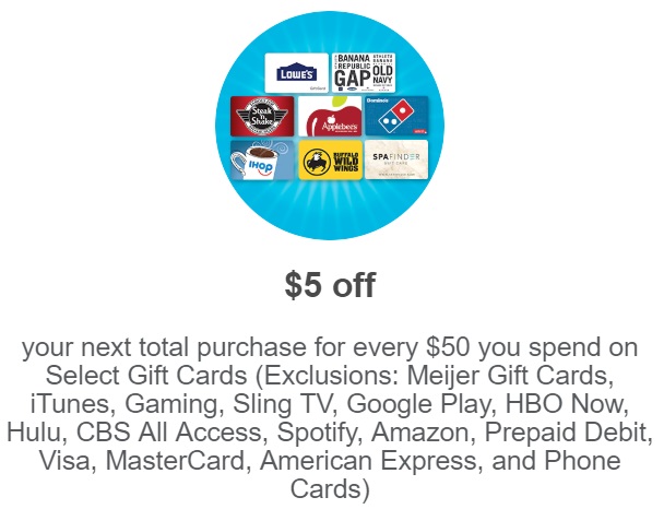Meijer Spend $50 On Gift Cards Get $5 Off Future Purchase