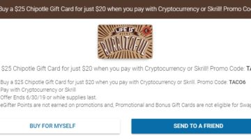 eGifter $25 Chipotle Gift Cards For $20 Promo Code TACO6