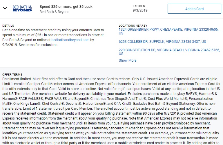 Expired Bed Bath Beyond Amex Offer Spend 25 Get 5 Or 500