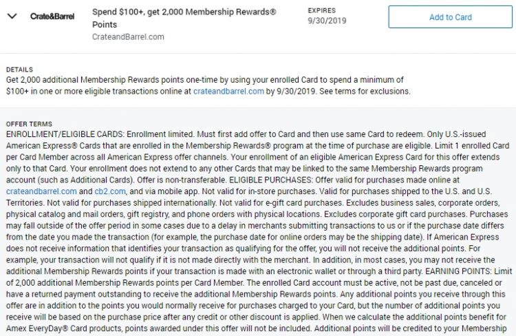 Crate & Barrel Amex Offer Spend $100 Get 2,000 Membership Rewards