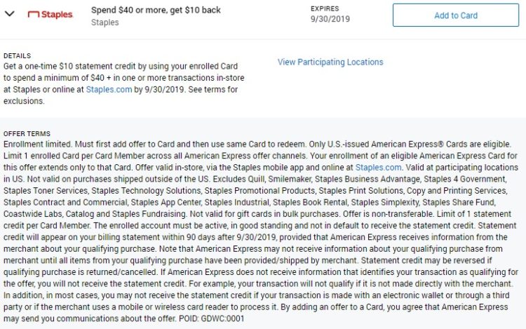 Staples Amex Offer Spend $40 Get $10 Back