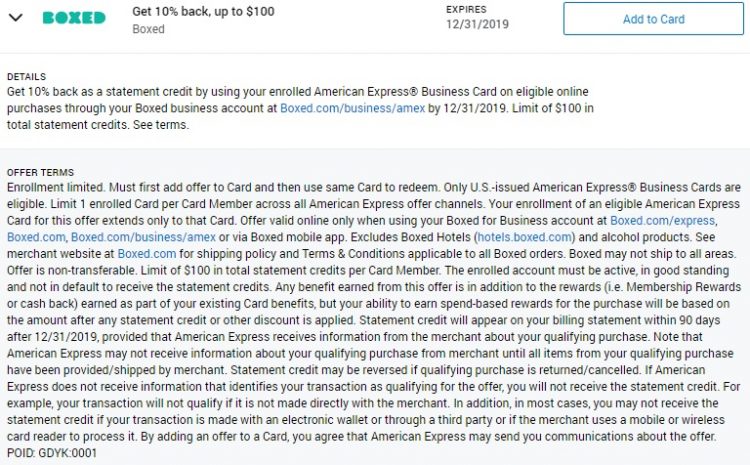 Boxed Amex Offer 10% 12.31.19