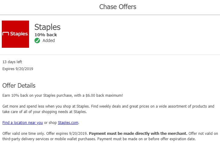 Staples Chase Offer 10%