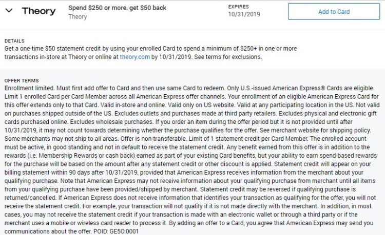Theory Amex Offer Spend $250 Get $50 Back