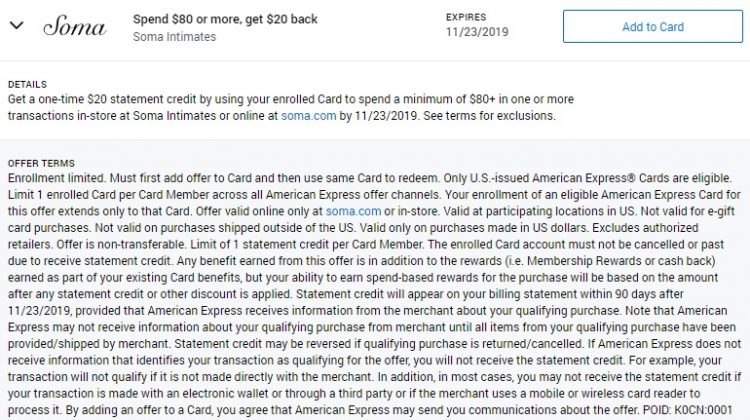 Soma Amex Offer Spend $80 Get $20 Back