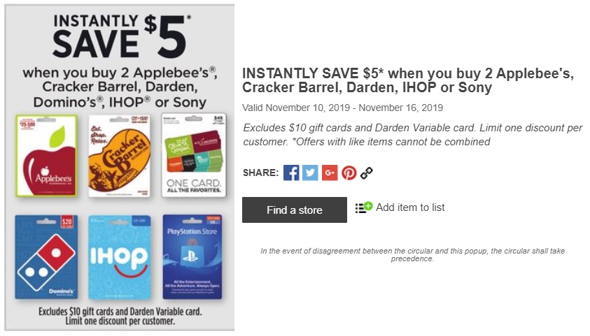 Expired Dollar General Buy 2x Select Gift Cards Save 5 Ihop Darden Playstation Store Domino S Applebee S Cracker Barrel Gc Galore - cracker barrel roblox