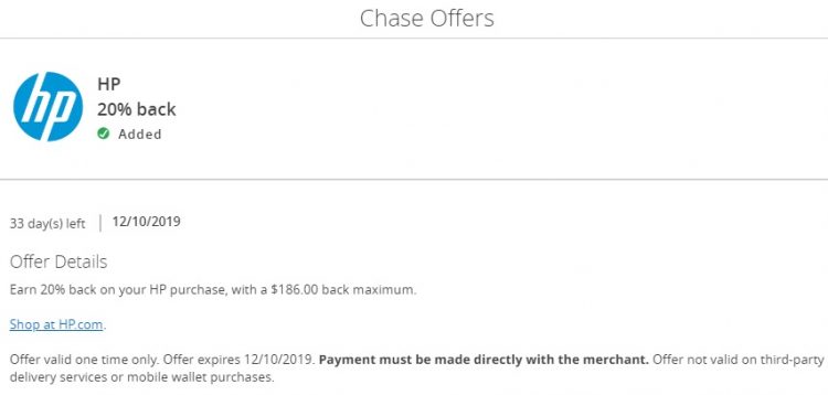 HP Chase Offer $186 Back
