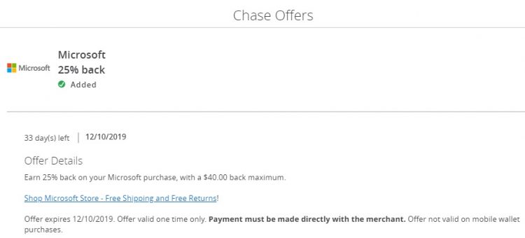 Microsoft Chase Offer $25 Back