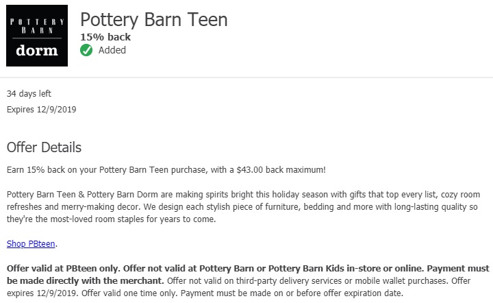 Pottery Barn Teen Chase Offer